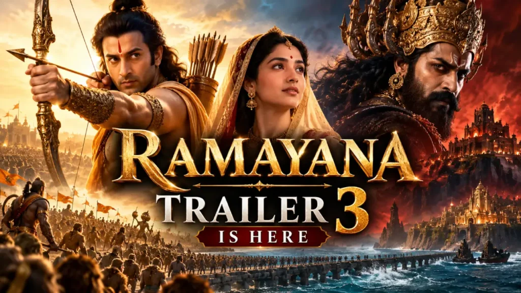 Ramayana Trailer 3 cinematic poster featuring Lord Ram, Sita and Ravana